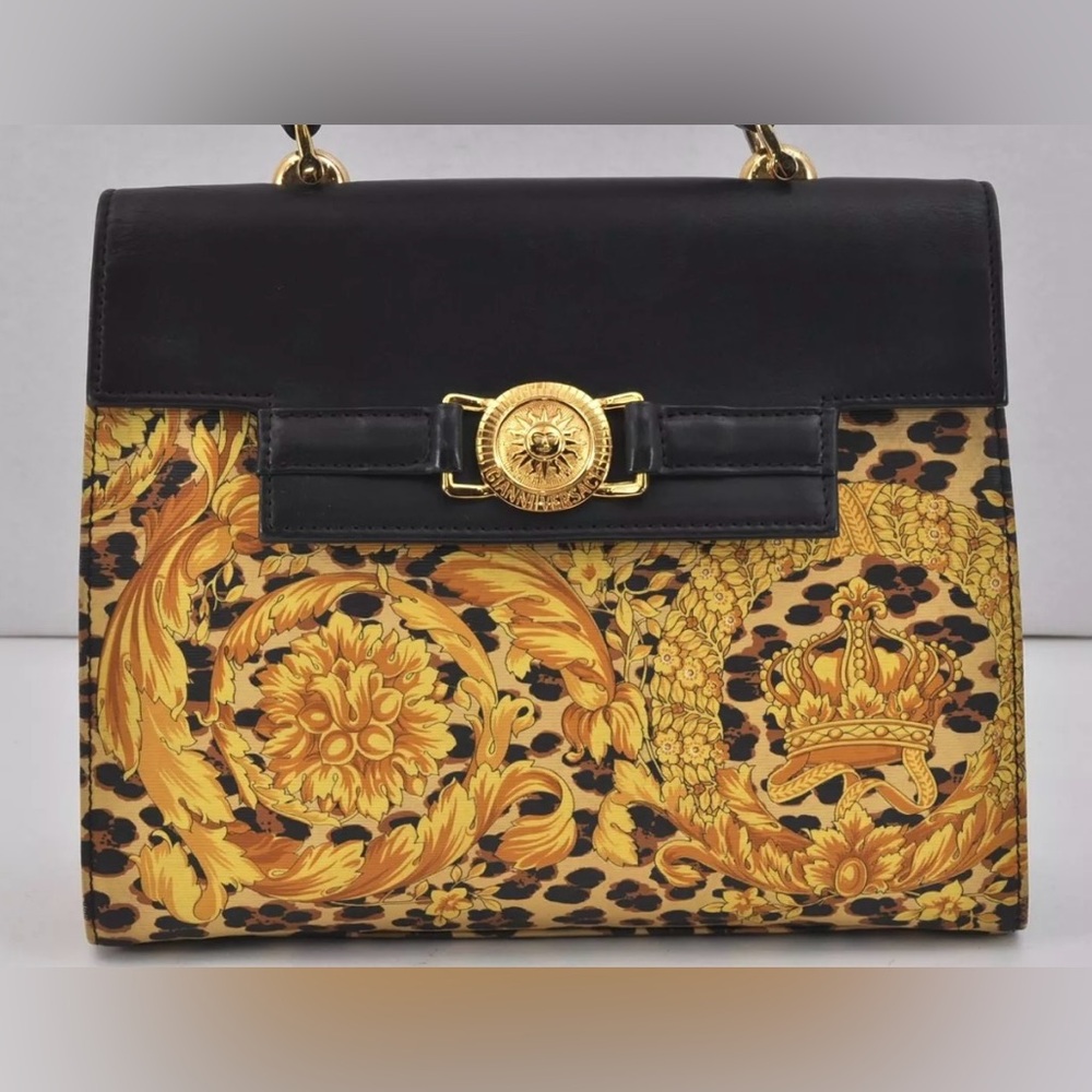 Gianni Versace Sunburst Flower Leopard Nylon Leather Handbag